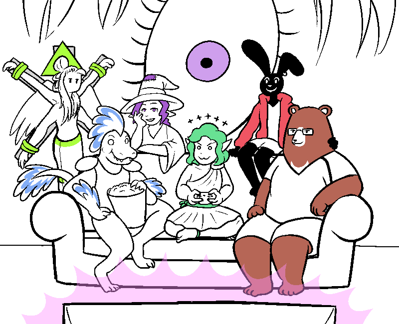 Glard, Zabelle, Rilly, Moon-Soo, Clip, and the crucified and huge-eyed angel are gathered around a couch in front of a TV. Rilly holds a game controller excitedly.