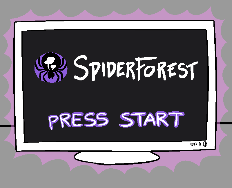 A view of a game title screen on the TV. It says 'SpiderForest: Press Start' on it.