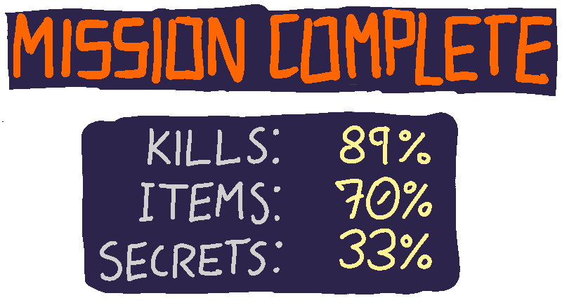 Mission Complete. Kills: 89%. Items: 70%. Secrets: 33%.