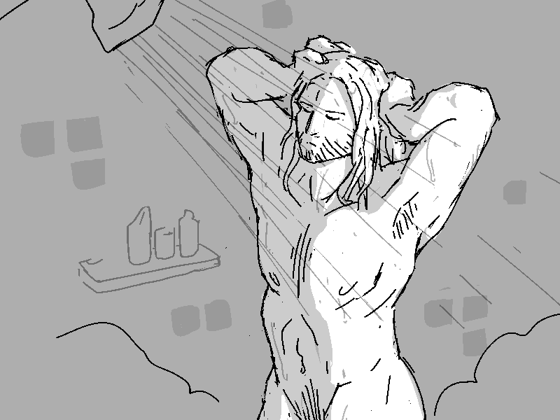 Cliff takes a rather gratuitous shower.