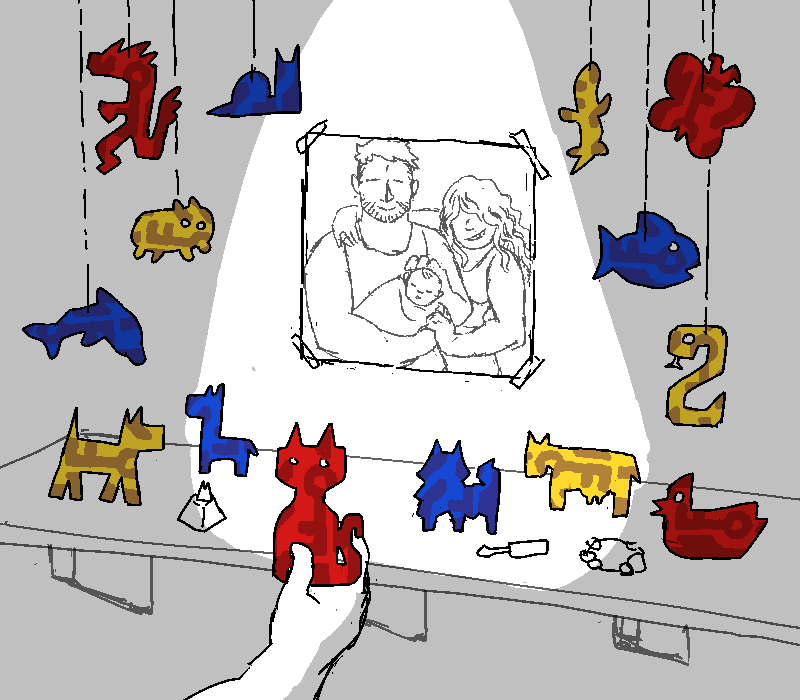 Cliff puts down the Red Keycard, now cut into the shape of an animal, onto a little shrine-thing for his little boy. He's got some souvenirs on the mantlepiece, including a number of keycards cut into the shapes of animals, in addition to a photo of Cliff, his wife, and his son.