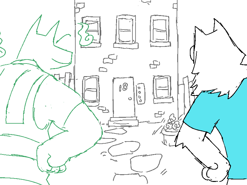 Jasper meets with Rex outside of a small apartment block.