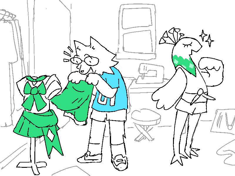 They're in Sitara's room. Jasper is admiring a magical girl outfit Sitara's made; he's holding the cape in his hands. Sitara stands proudly off to the side.