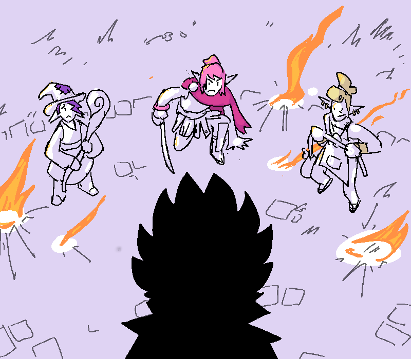 Polyta, Casandra and Zabelle stand, battle ready, against a mysterious shadowed figure. There is fire all around them.