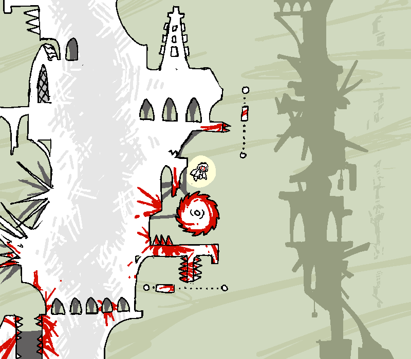There stands a great tower lined with saws and spikes and spears. Towers, silhouetted in the fog, stand tall in the distant background. The tower in the foreground is patterned with splatters of blood.