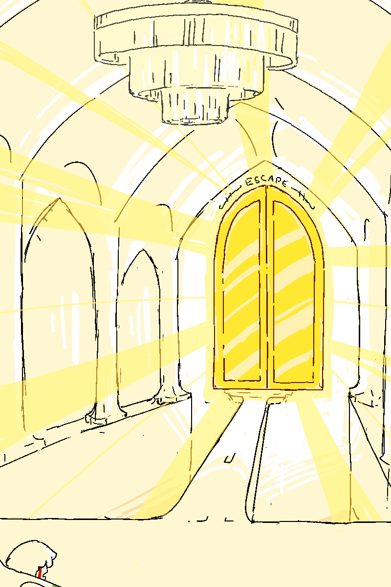 She stands in a greate cathedral, illuminated by a chandelier. Ahead, there is a narrow bridge leading to a giant gold doorway. The doorway is labelled 'Escape'. It shines like the sun.