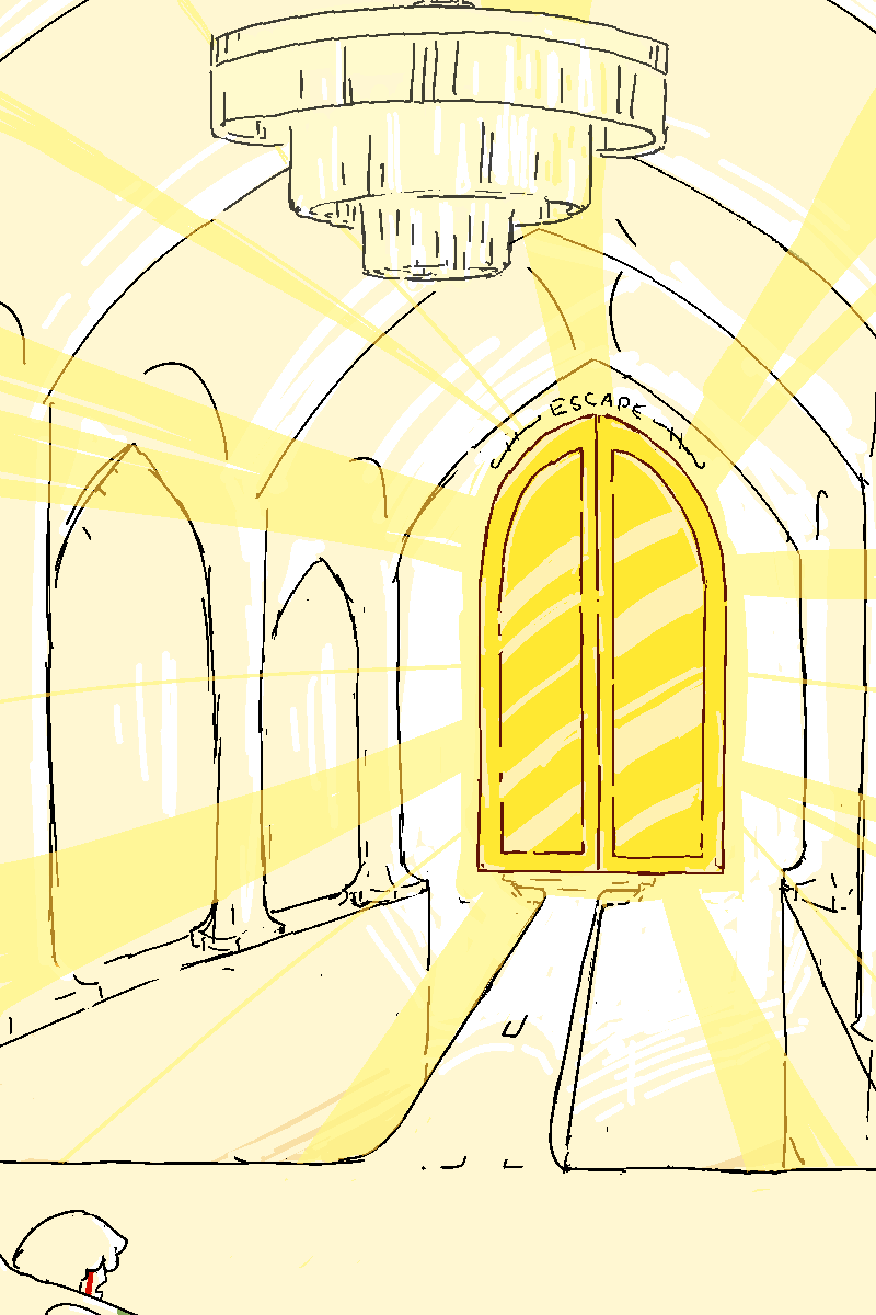 She stands in a great cathedral, illuminated by a chandelier. Ahead, there is a narrow bridge leading to a giant gold doorway. The doorway is labelled 'Escape'. It shines like the sun.