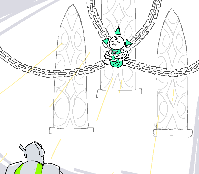  A small, cherubic angel creature is suspended by chains and bound in blue-green ribbons, above him. Behind it are pale, cathedral-like windows.