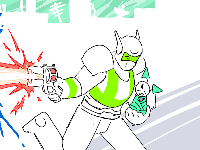 Cliff blasts some Aveans with his laser-magnum. He carries the weird angel thing with his other arm.