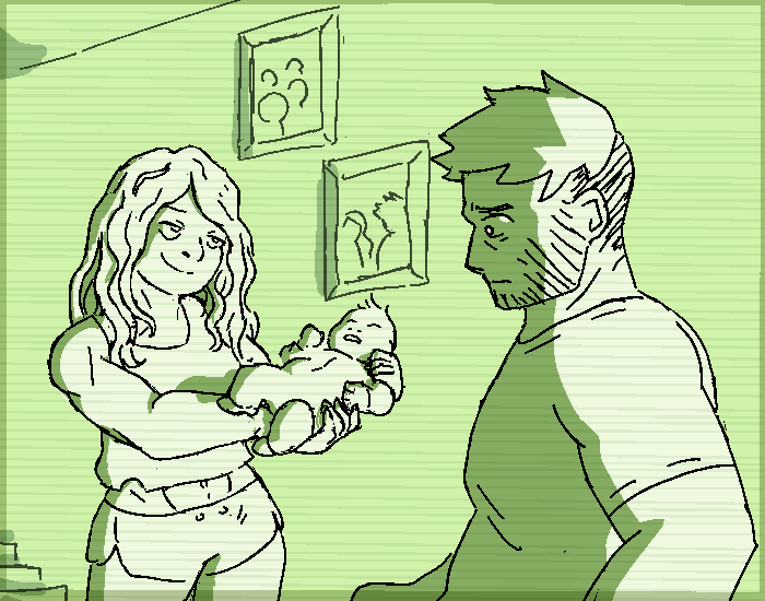 Cliff and and his beautiful meathead wife, Mesa, stand in the hallway of a modest home. He looks haggard. Mesa's holding a baby in her arms-- she's offering him to Cliff, beckoning for him to hold him.