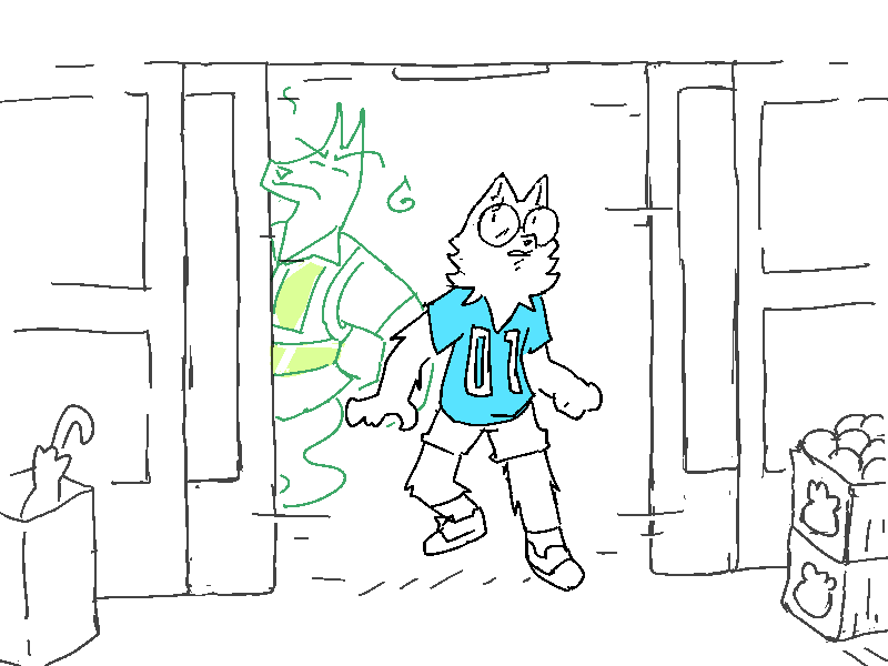 Jasper goes through the automatic doors of a grocery with Rex close behind.
