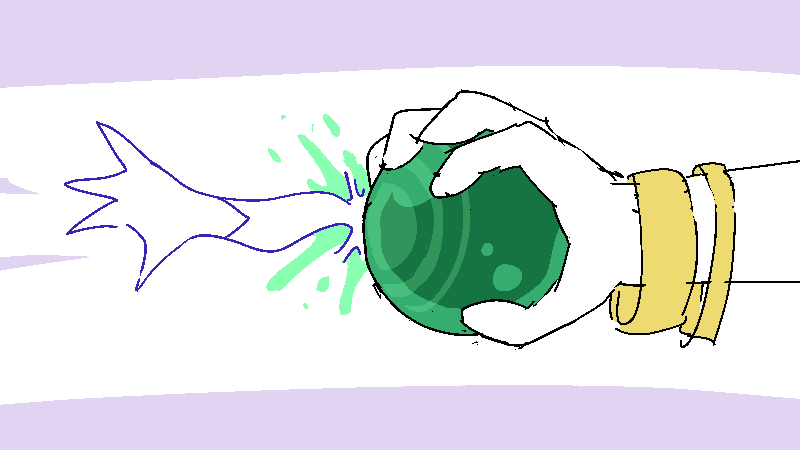 Plunk! Headless Ed disappears into a green glass orb, held by a hand with a familiar looking gold bangle around it...