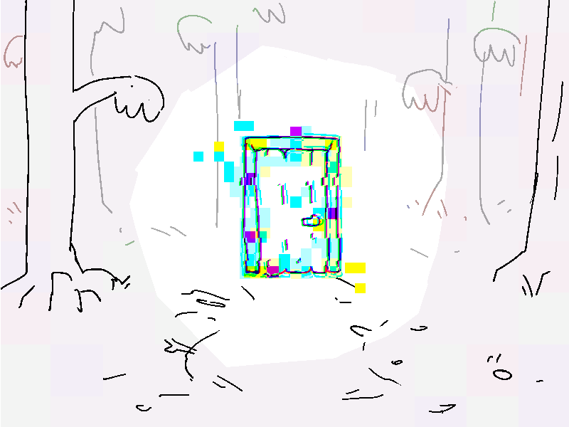 There, in the middle of a clearing, is a wooden doorway standing freely on its own. It looks glitchy, wracked with broken pixels and strange artifacting.