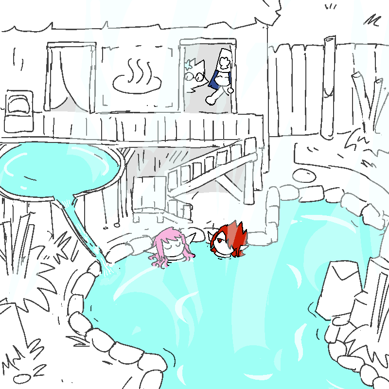 The group goes to the hot springs! Eladea shows Coral around, as Polyta and Helen have themselves a soak.
