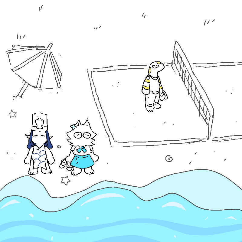 The group goes to the beach! Coral and Eladea breathe in that crisp salty air. Sunny takes note of a volleyball court.