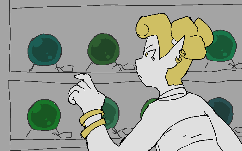 Casandra enters into her backroom. She's counting up orbs on a shelf. The orbs are secured tightly and tagged up with numbers.