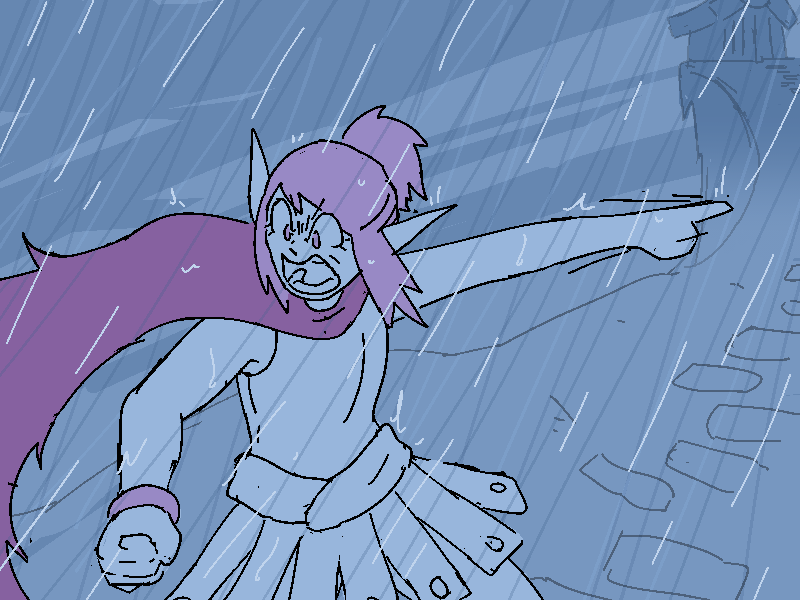 Polyta, drenched by rain, waves fleeing anime girls toward the temple.