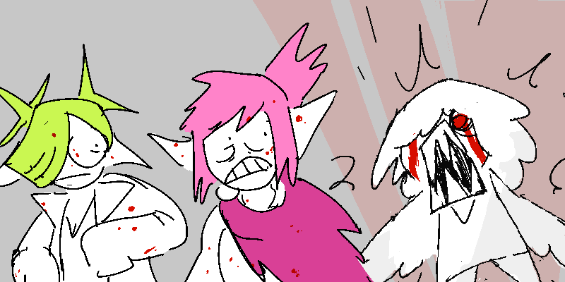 Nix yells at the two blood-speckled anime girls.