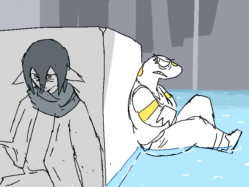 Sunny and Jiro sit grimly around a block of marble. Jiro is still despondent, Sunny looks somber and reflective.