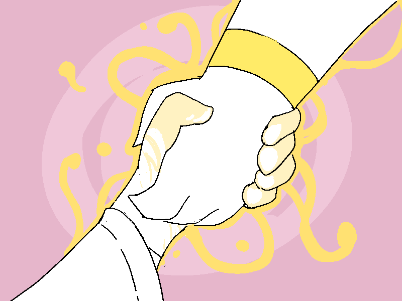 Jiro accepts Sunny's hand. A soft golden glow emerges where their hands touch!