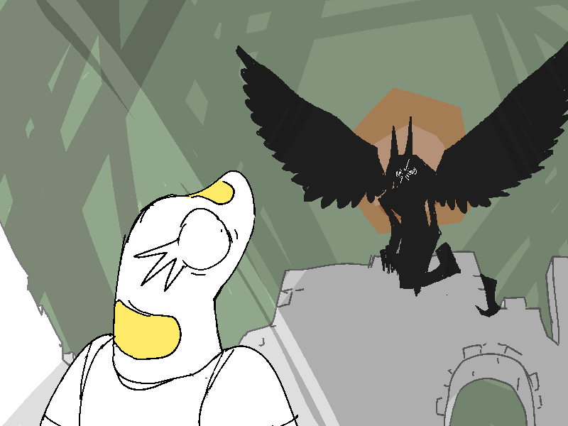 Sunny notices, way up above, watching them. Silently. The bastard. The light is at his his back, obscuring his features, leaving only a great grim shadow with a very wide wingspan. Sunny immediately sweats.