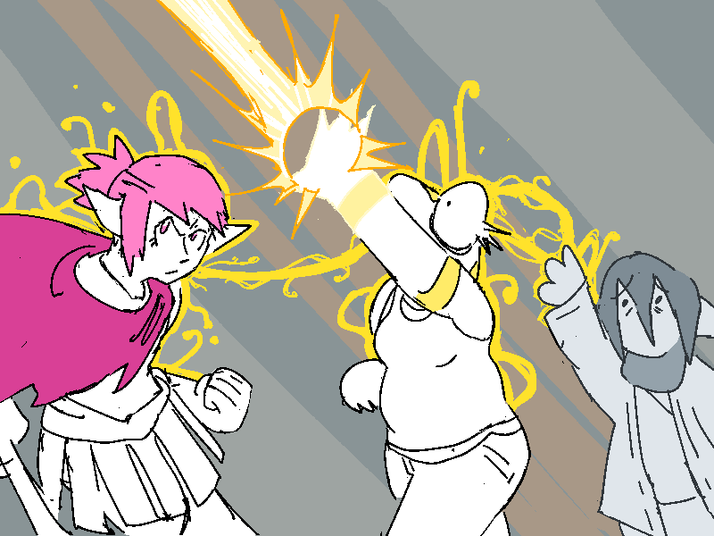 Jiro grants Sunny and Polyta a love-powerup. Sunny fires off a beam.