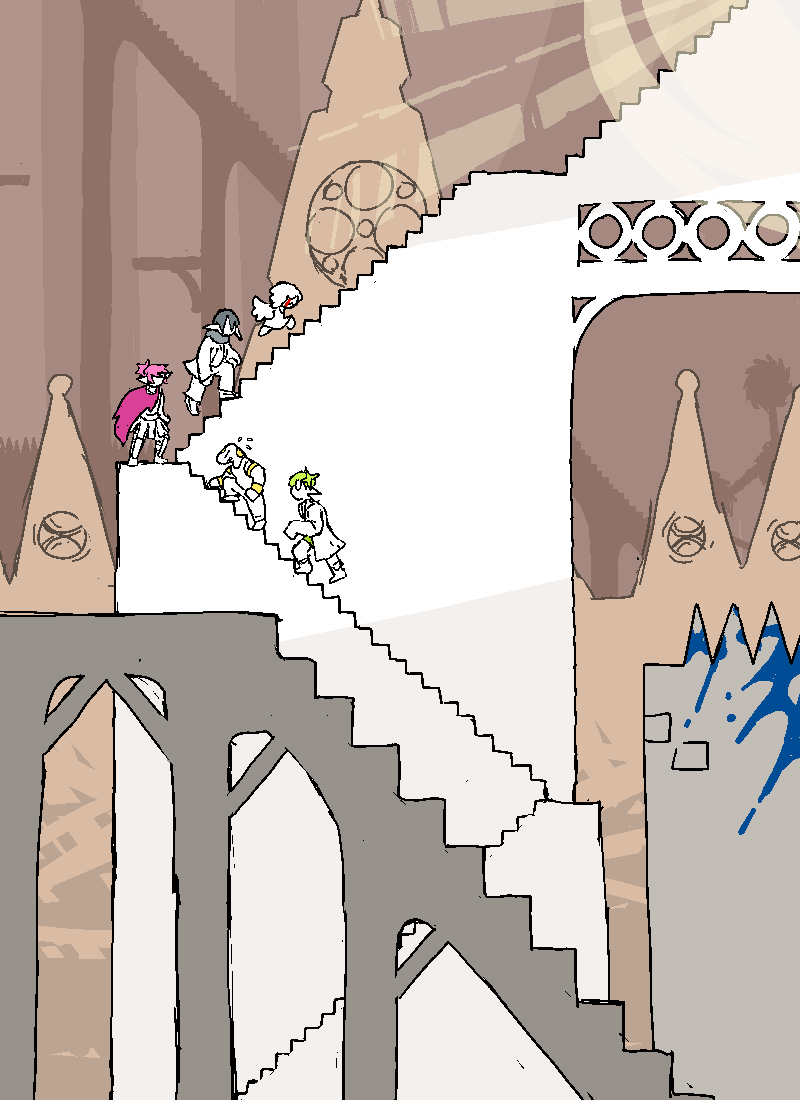 Our heroes climb a long, winding staircase. In the background, there are various spikes, grand cathedrals, and... what's this? Some blue bloodstains? Probably not important.
