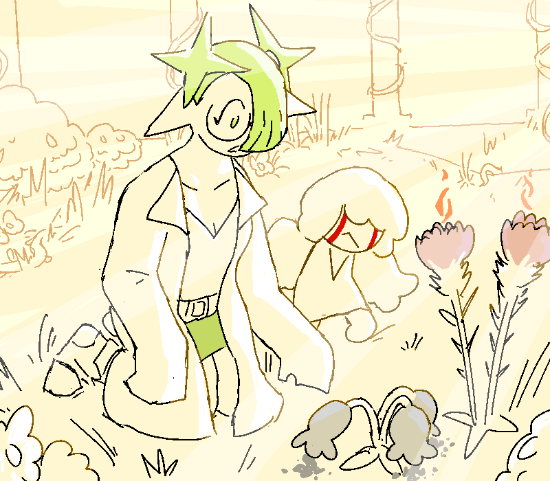 Yuno kneels down among the plants, observing various magical looking flowers.