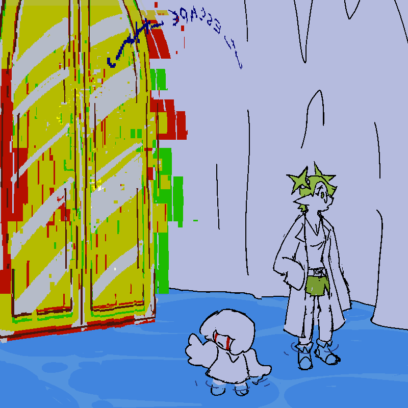 Yuno is standing next to her. Behind them both is the great golden door, now glitched to high heaven. It flickers in and out of reality, shifting and churning.