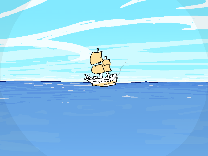 In the distance, on the open sea, floats a galleon with a full battery of cannons.