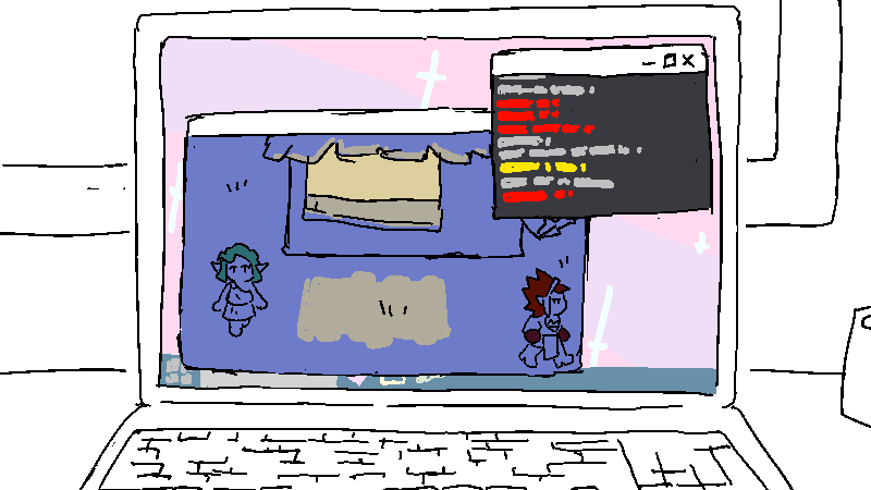 On the screen of Coral's laptop, the game Love Bomb is open. In it, the girls of Hollidae are seen departing their secret meeting. A debug window filled with lines of code is open, overlapping the game window.