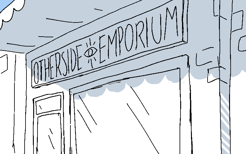 Alma and Cliff approach a storefront with the name Otherside Emporium