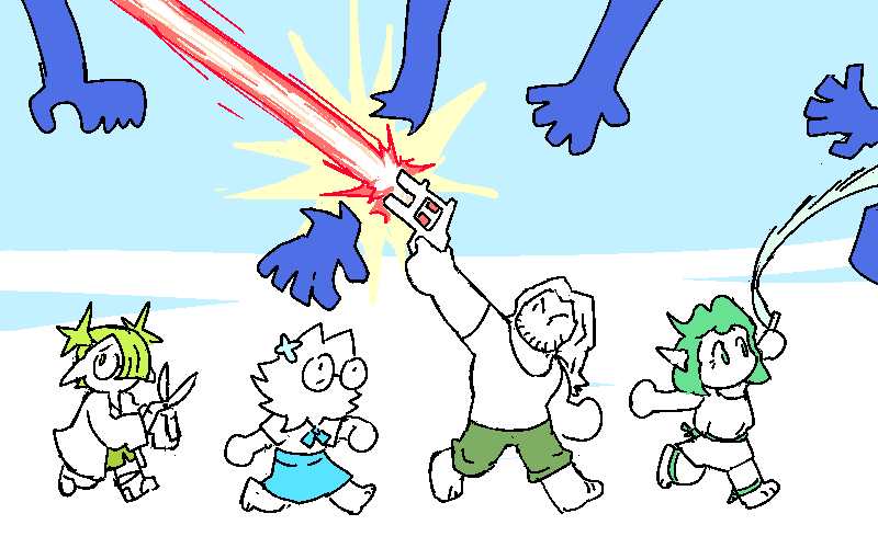 Coral, Cliff, Yuno and Rilly run across a beach. Cliff and Rilly are fighting back the hands, Yuno gestures as menacingly as she can with a pair of gardening shears. Coral is in the middle of all of them, ducking as Cliff shoots a hand right above her.