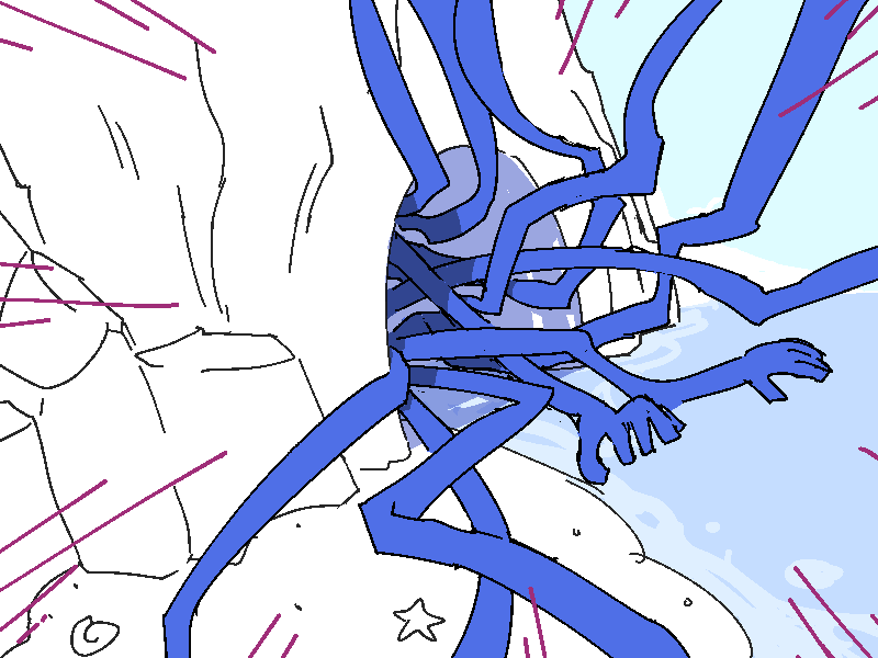 Yuno points with the shears to the entrance to the grotto, where a mass of those spindly winding arms are emerging.