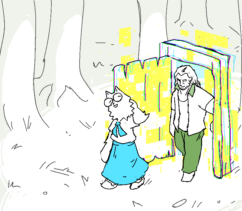 Cliff and Coral exit Love Bomb through the glitched door in the woods.