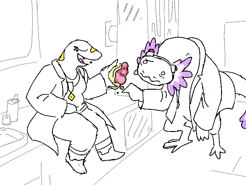 Sunny and Kree'zik are in a cozy alien feeding hall. Sunny devours an alien pudding as Kree'zik looks on confused.