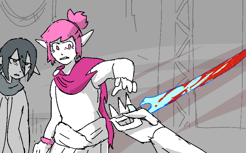 She hands the pair of them the hardlight sword that was just sticking out of her. Polyta reluctantly takes it.