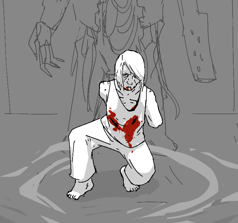 She lands with one knee on the floor, looking up at Jiro and Polyta. They can see now what she looks like underneath the armour. She's lithe, an older woman, maybe undernourished, wearing pants and a loose singlet that's currently bleeding through. More noticeably, she has no arms. Only nubs. One ends at the shoulder, the other in the middle of the upper arm.