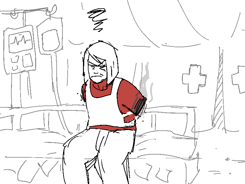 Mercy sits in a medical tent. Both her arms have been cut off. She looks extremely annoyed.