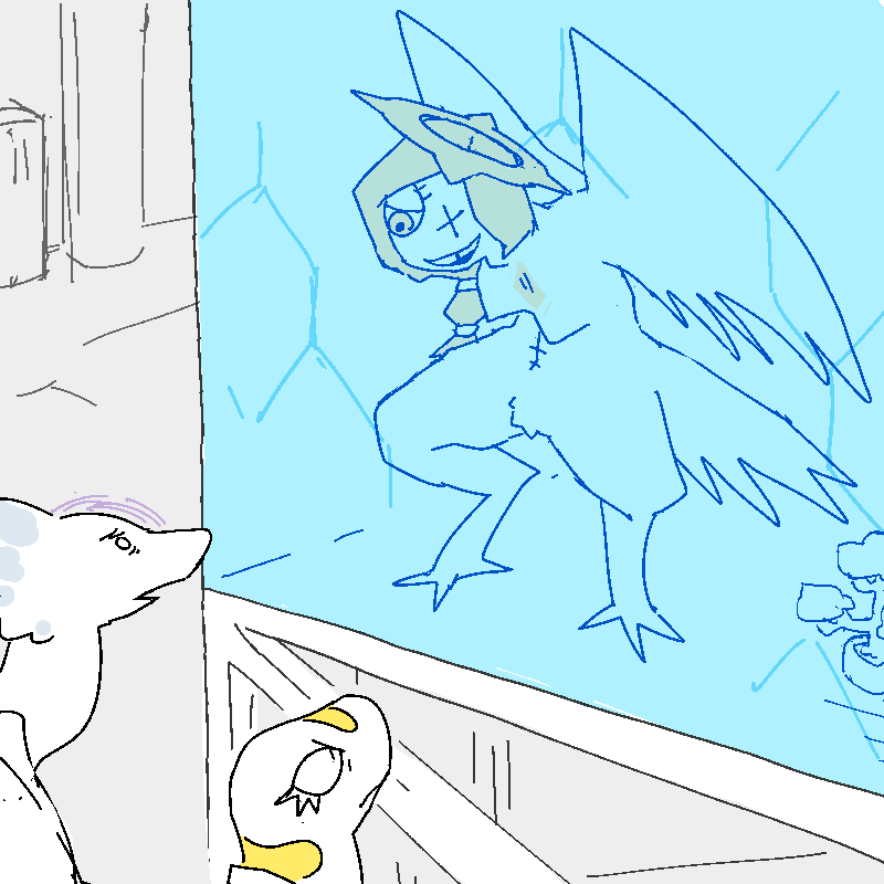 Sunny talks to a one eyed harpy shaped angel who is currently locked in a forcefield cage. A scientist stands at bay, helping her out.