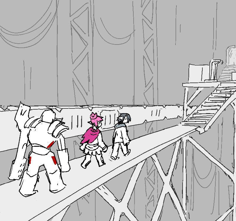 Mercy, Jiro and Polyta walk along a tangle of catwalks and hanging ventilation shafts.