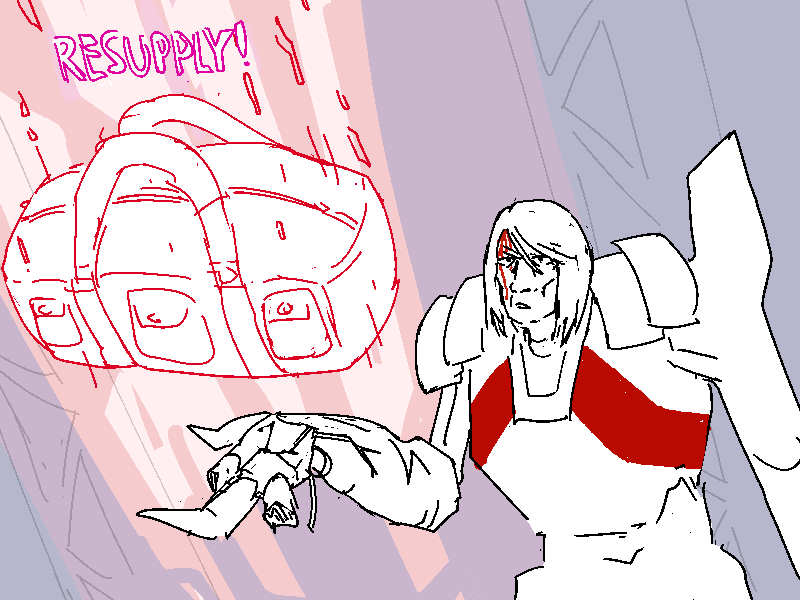 RESUPPLY! Mercy teleports a bulging duffel bag into her hand.