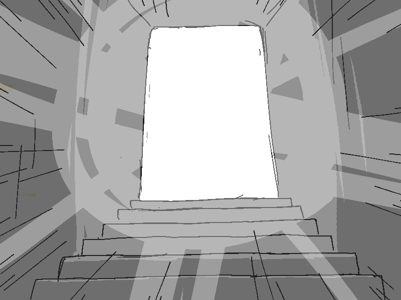 Jiro runs up a staircase with a light at the top.