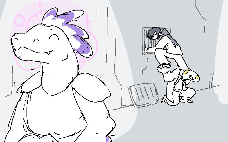 The grunt walks away with a stupid smile while, behind him, Sunny piles Jiro into an air vent.