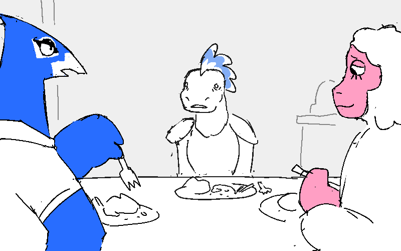 Glard sits at the dinner table with Sitara's family. They're all serving themselves while Glard stares into space.