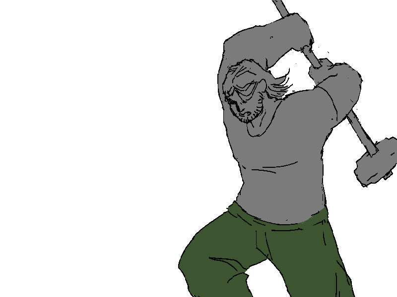 Cliff raises the sledgehammer over his head...