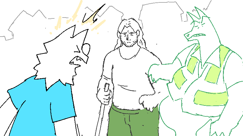 Coral snaps at the two men.