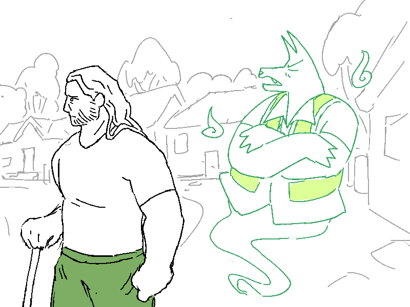 Rex looks grumpy. Cliff beside him stares guiltily into the middle distance.