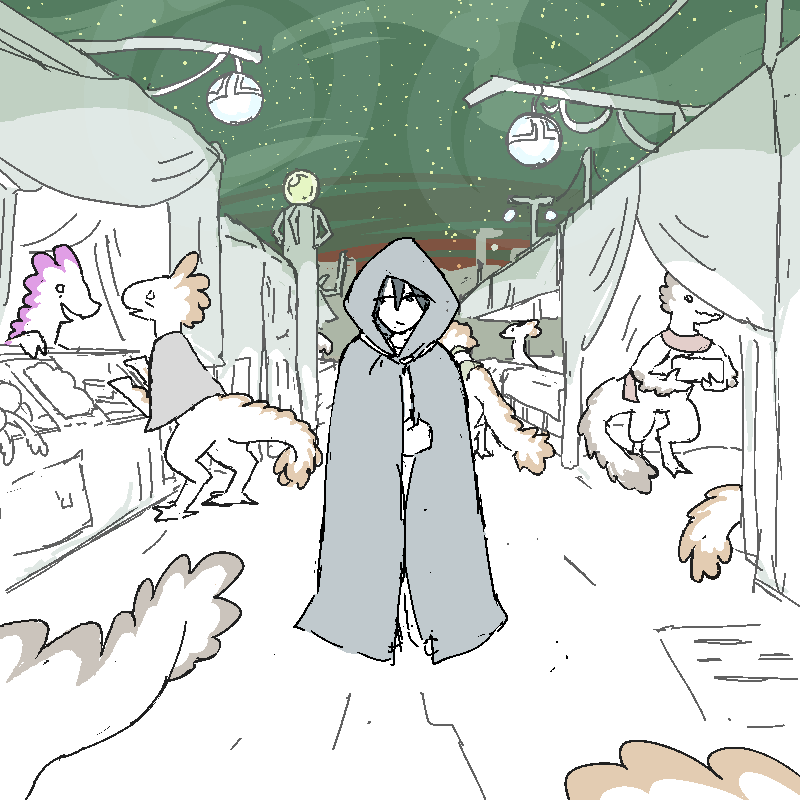 Jiro walks down an Avean market alley as the blue-green Avean sky grows dark. He's wearing a hooded cloak to try and shield his face. Food stands line the narrow street with hanging lamps buzzing overhead. There's Aveans all around, walking up and down the street, patronising the stands, chattering away. Civilians, though, not the military types Jiro had gotten acquainted to back at the labs. They've got coats of downy feathers, with dyed silks instead of those high-tech polymer plates the soldiers have.