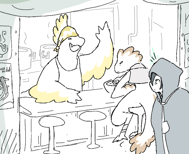He wanders past a stand for some kind of jellyfish noodle soup. It looks strangely appetising. The lone cook attending the bubbling broths notices him glancing noodleward and beckons him in.